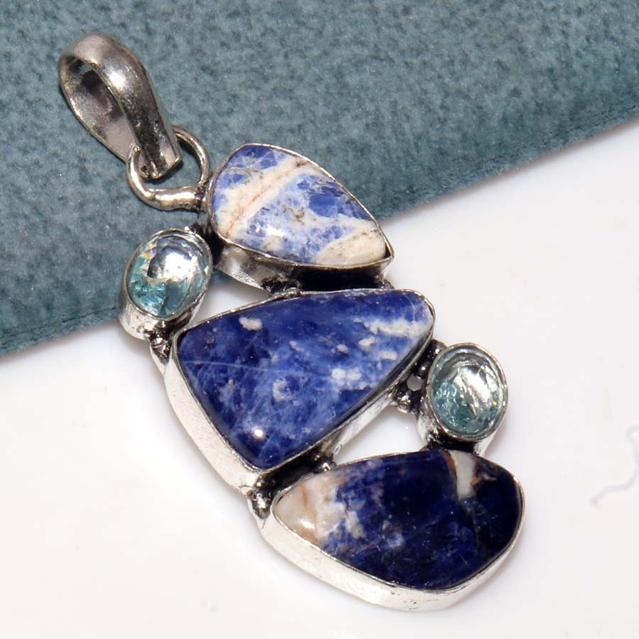 Exclusive Sodalite Iolite Topaz 925 Silver Plated Pendant 2.1″ Fashion Sale GW