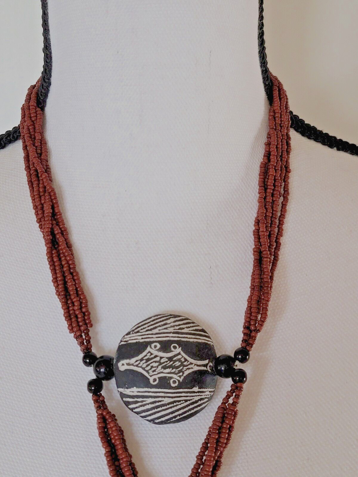 Vintage African Terracotta Pendant Necklace Beaded Handmade Brown Black & White