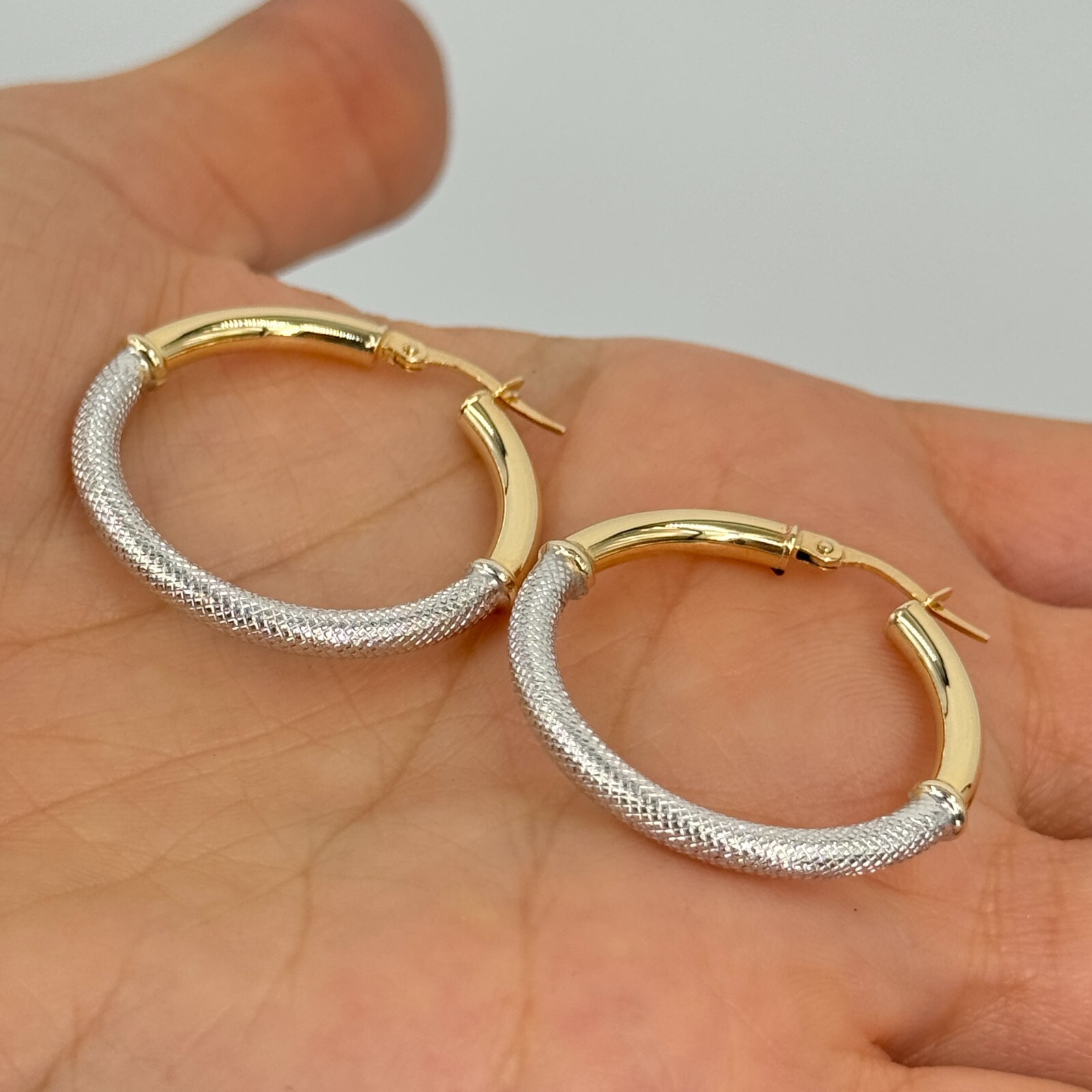 Italian 14k Yellow & White Gold Waffle Texure & Shine Hollow Hoop Earrings 1.2″