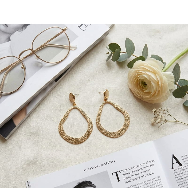 Elegant Gold Textured Open Teardrop Dangle Earrings Fashion Statement Jewelry