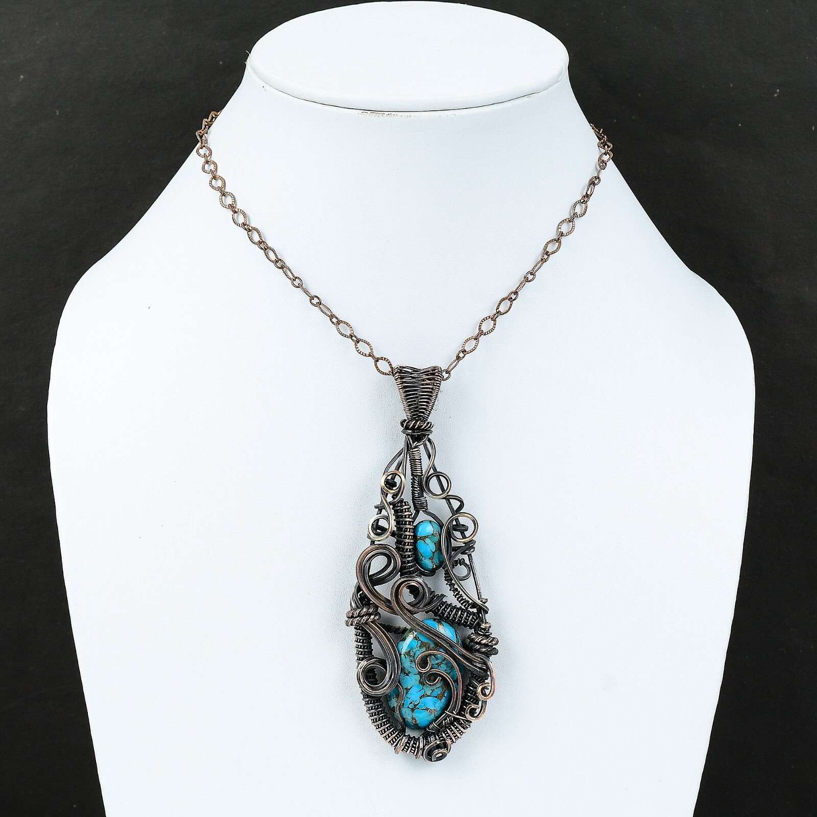 Gift For Women Jewelry Wire Wrapped Pendant Copper Blue Turquoise Gemstone 4.17″