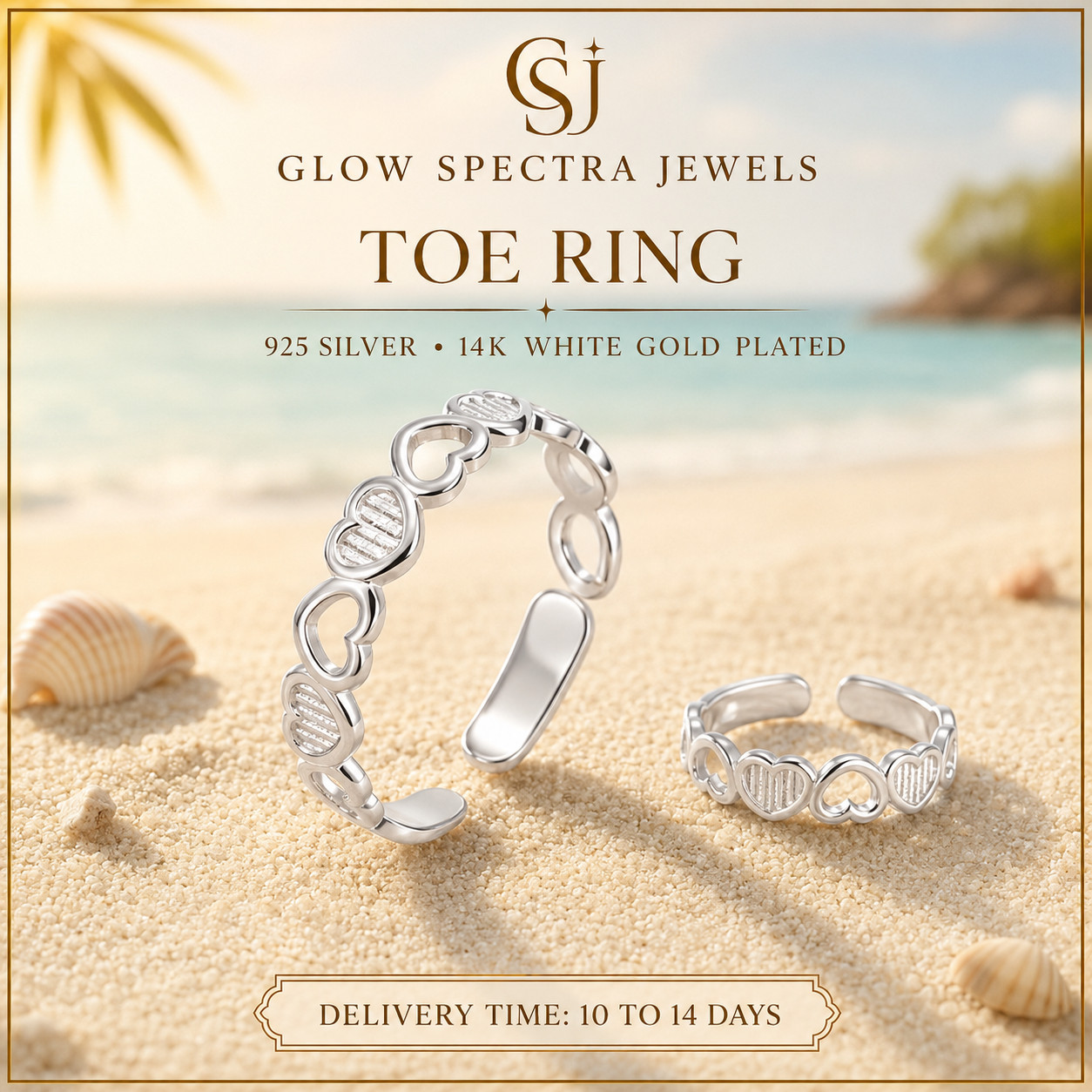 Women’s Heart Toe Ring Solid Metal 925 Sterling Silver 14k White Gold Plated