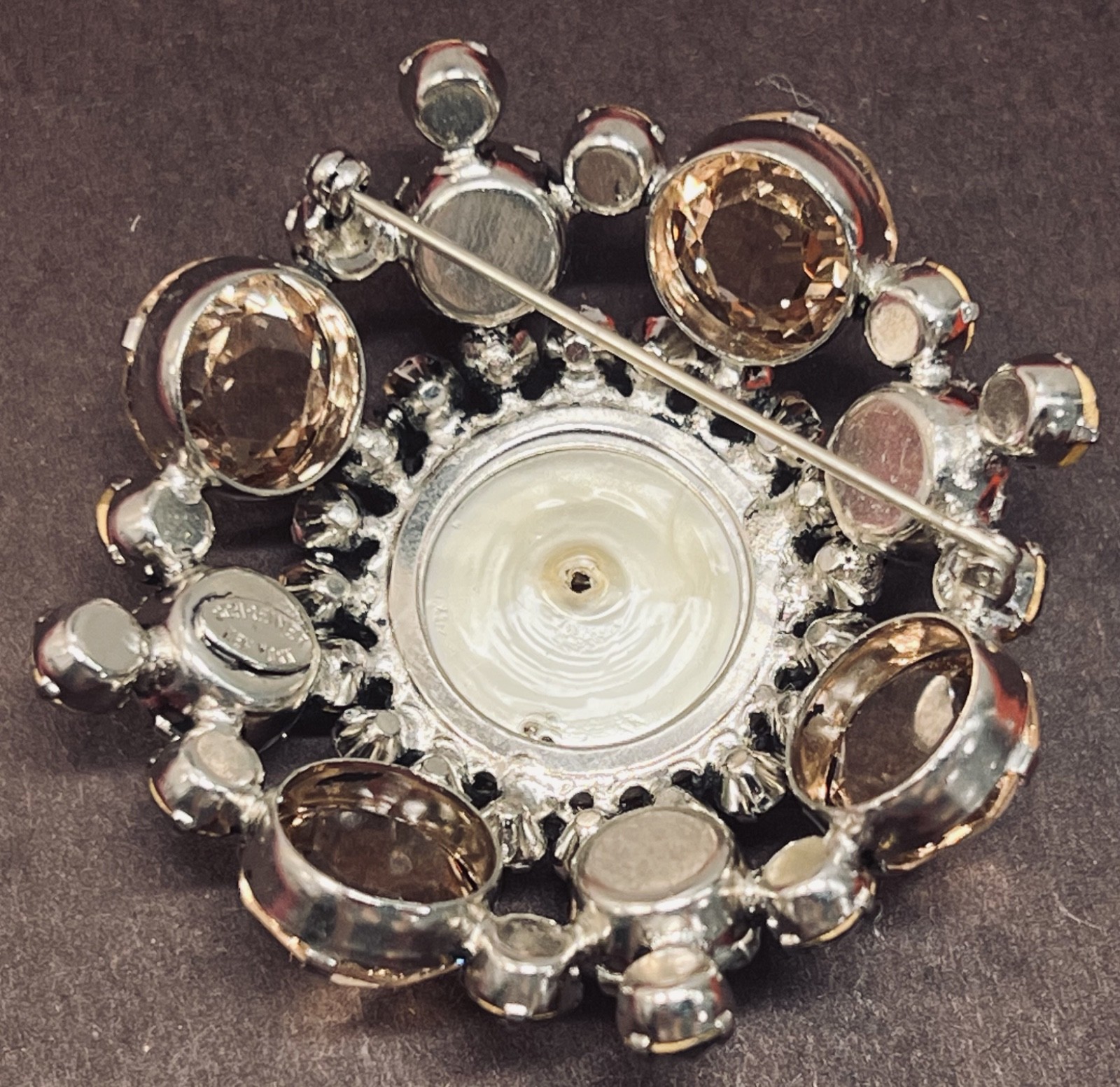Ravishing, Big Signed Schreiner NY Brooch: Beige & Gray Stones & Mabe Pearl