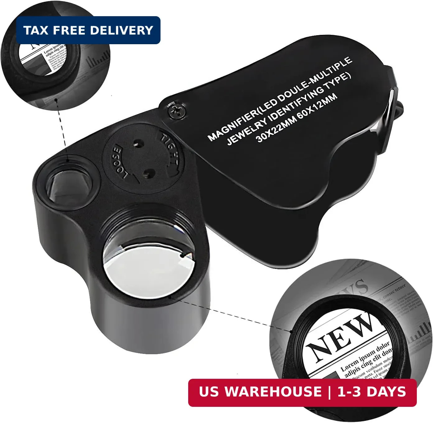 HMKIS Jewelers Loupe, 2 Pack Magnifying Glass with Light, 30X 60X 90X Jewelers L