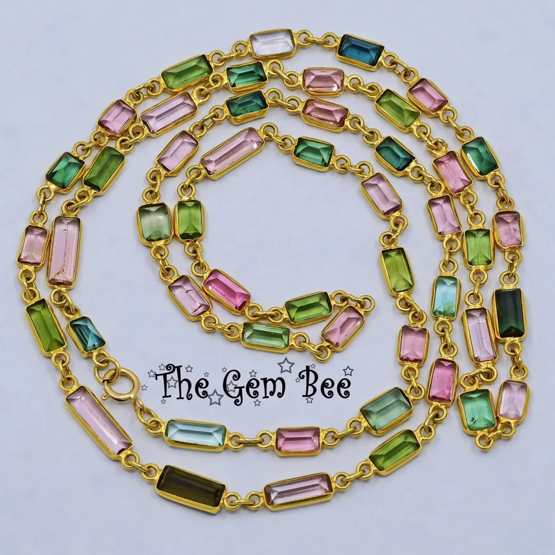 18k Solid Yellow Gold Baguette Cut Multi-Color Tourmaline Bezel 24 inch Necklace