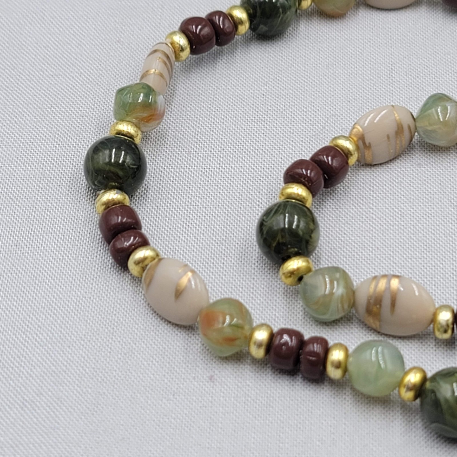 Vintage Brown Green Beige Bead Necklace Gold tone 36″