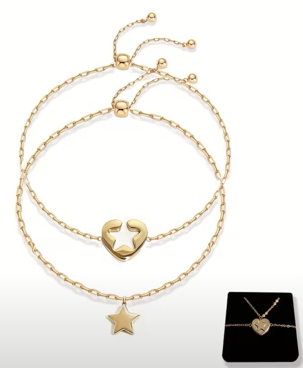 Gold Tone Adjustable Charm Bracelet Set with Heart and Star Dangle, 24cm