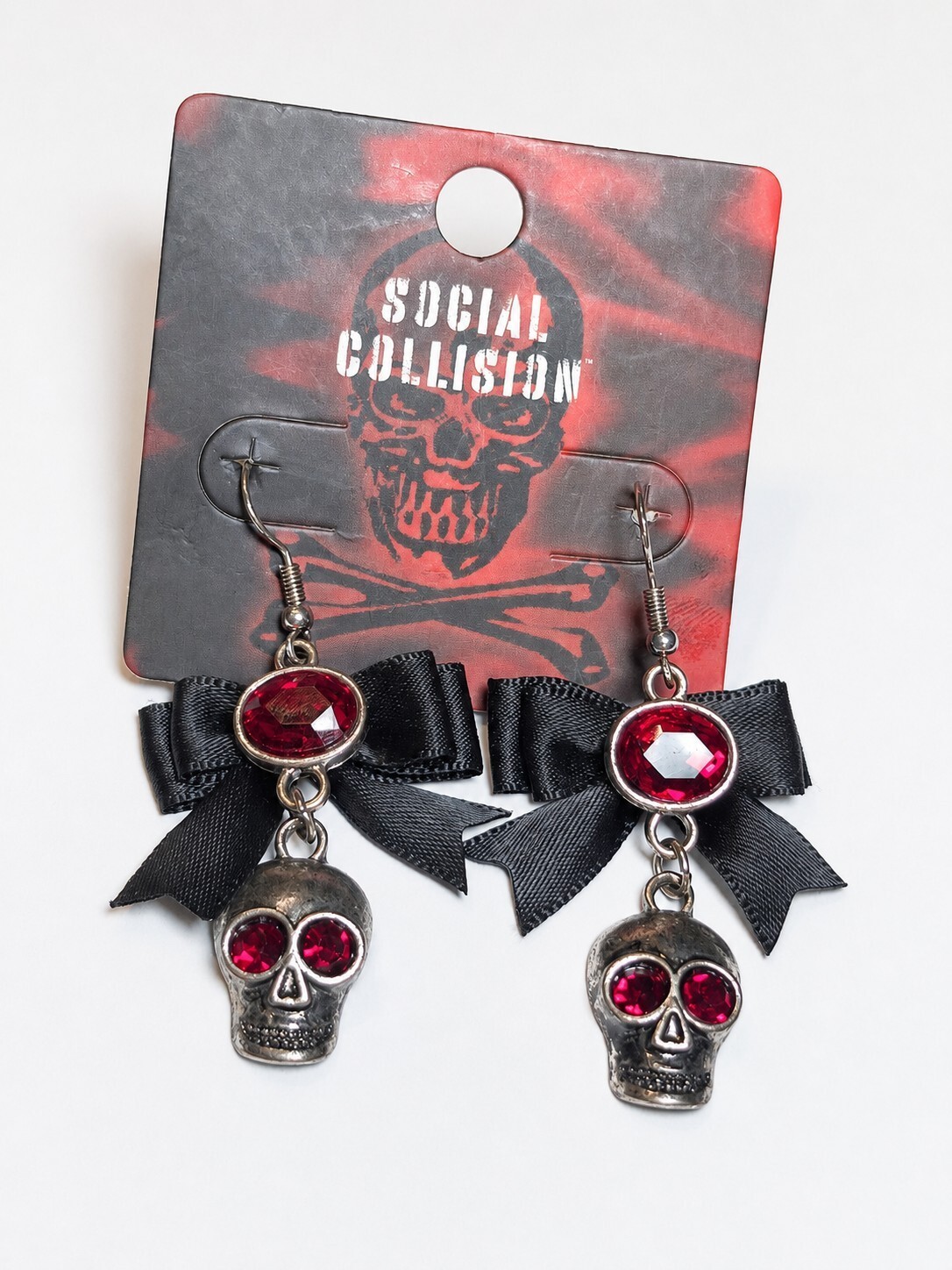 Social Collision Goth Emo Skull Bow Drop Earrings Red Rhinestone Eyes NWT