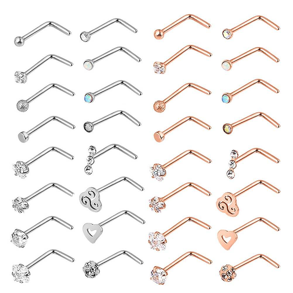 4-16PCS L Bend Nose Ring Stud 316L Steel CZ Daith Helix Ear Studs Piercing Kit