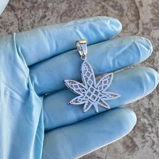 2Ct Round Cut Real Moissanite Marijuana Weed Leaf Pendant 14K Gold Plated