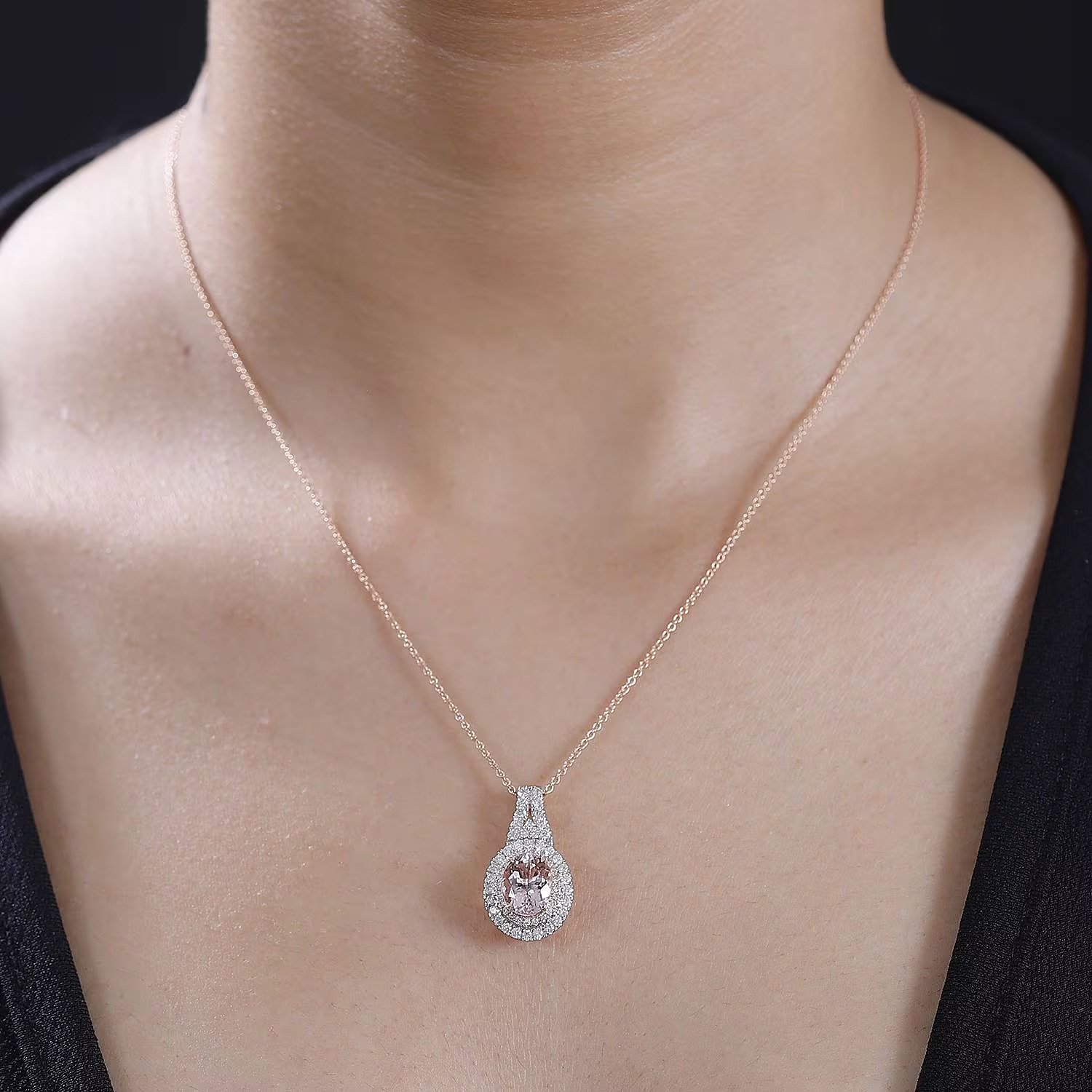 Pink Morganite G-H I2 Diamond 2.35 Double Halo Pendant Necklace 20 ” Rose Gold