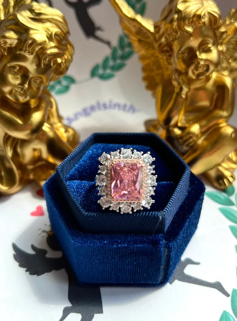 4.90Ct Cushion Cut Natural Pink Sapphire & Diamond 14K White Gold Wedding Ring