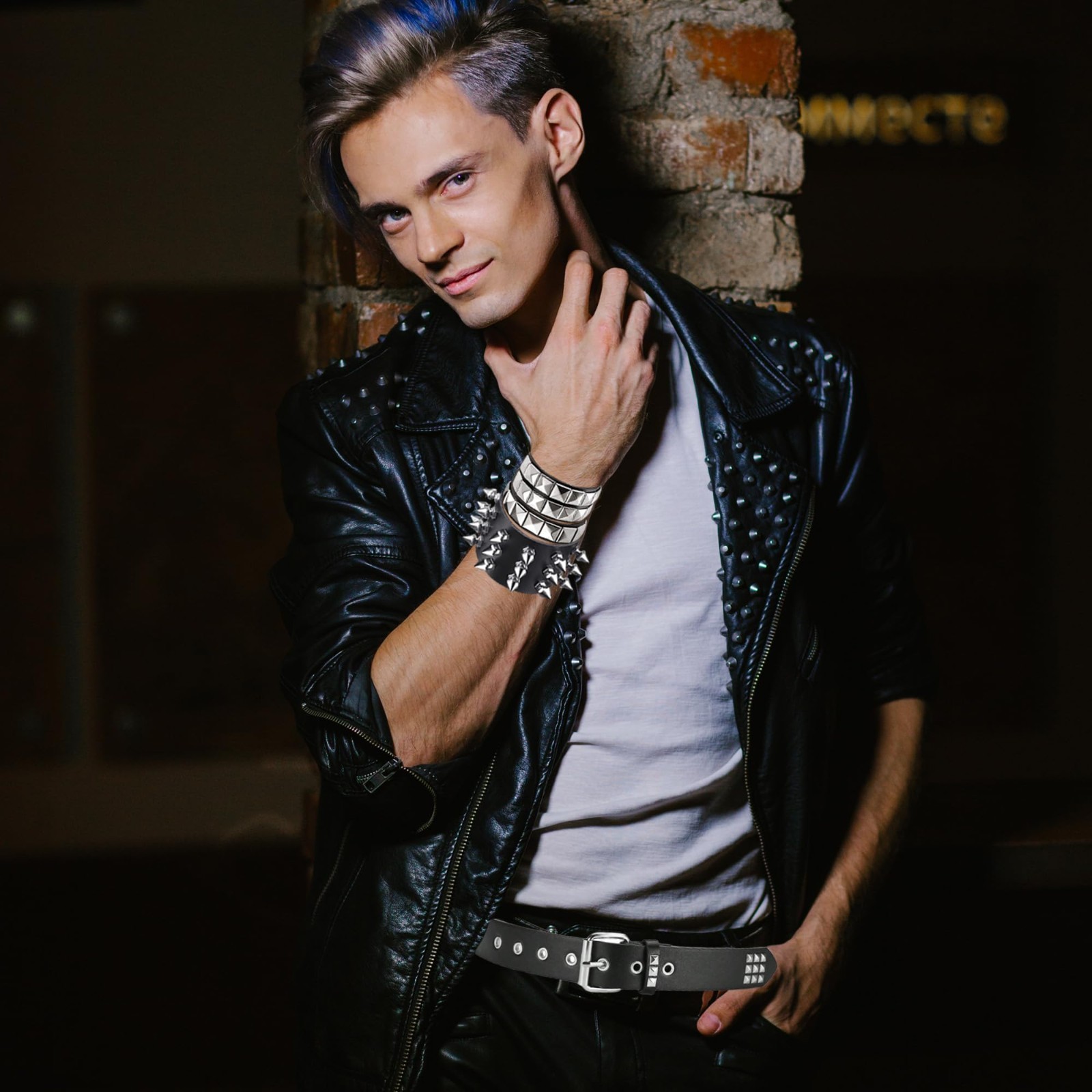 Black Studded Belt & Punk Bracelets Set – Emo Spiked Cuffs, Goth Accessories for