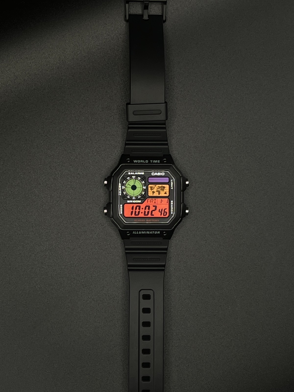 “Cyberpunk” | Custom 🔴🟢🟠🟣 Casio World Time Illuminator | Royale | AE-1200WH