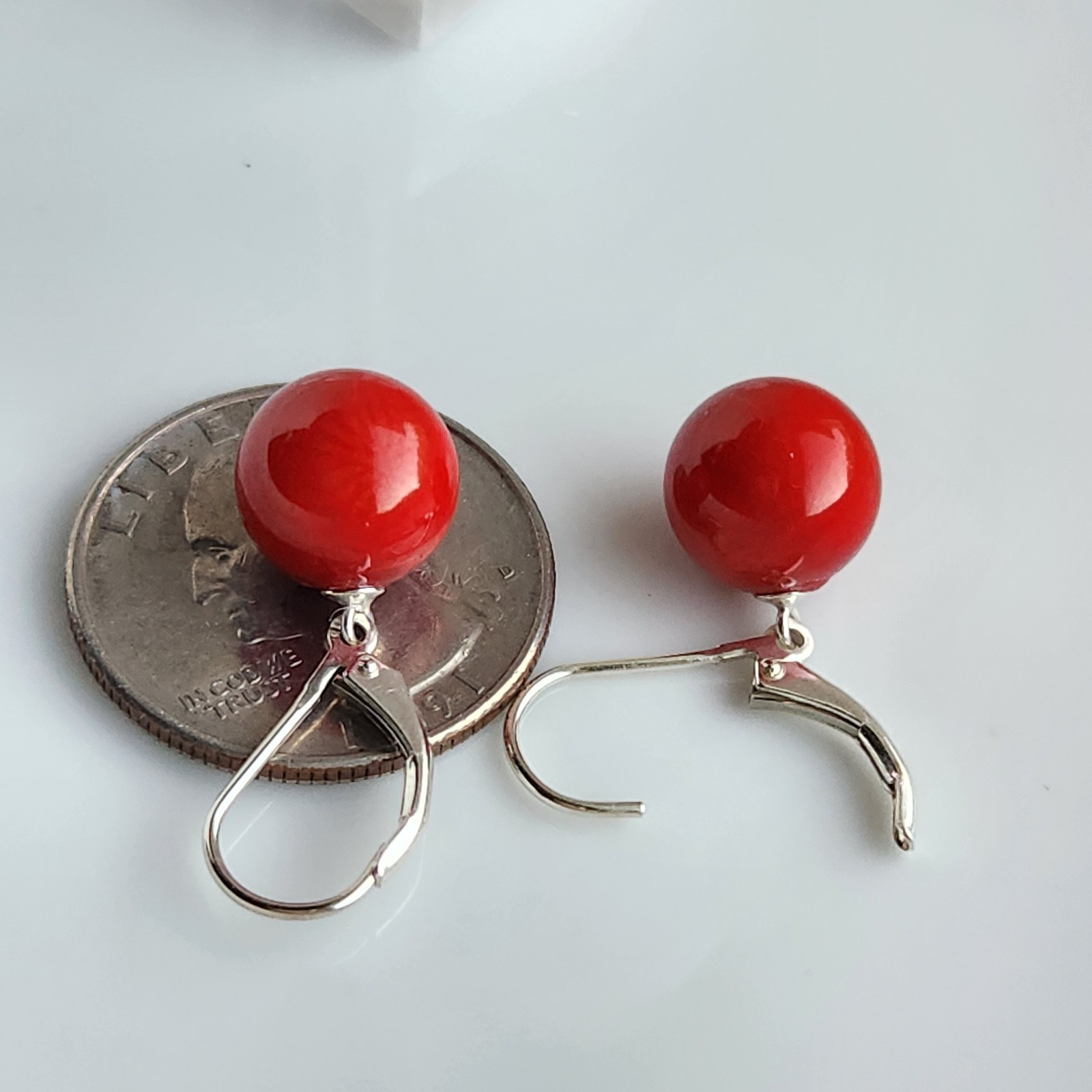 TEAR DROP Round 10.6mm Natural Coral LEVER BACK 1” EARRINGS 925 Silver