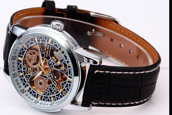 SHENHUA Skeleton Automatic Round Face Stainless Steel Leather Strap Watch