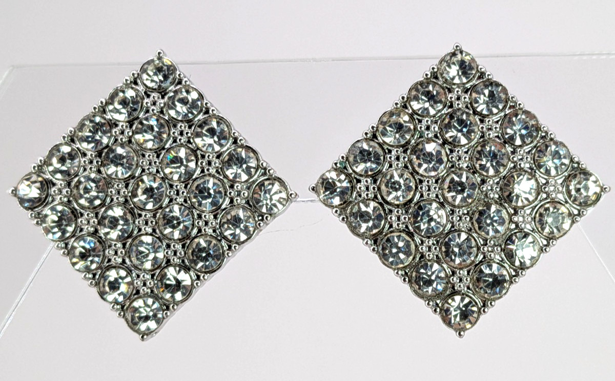 Vintage Rhinestone Stud Earrings Silver Tone Diamond Square Pave 15/16in Clear