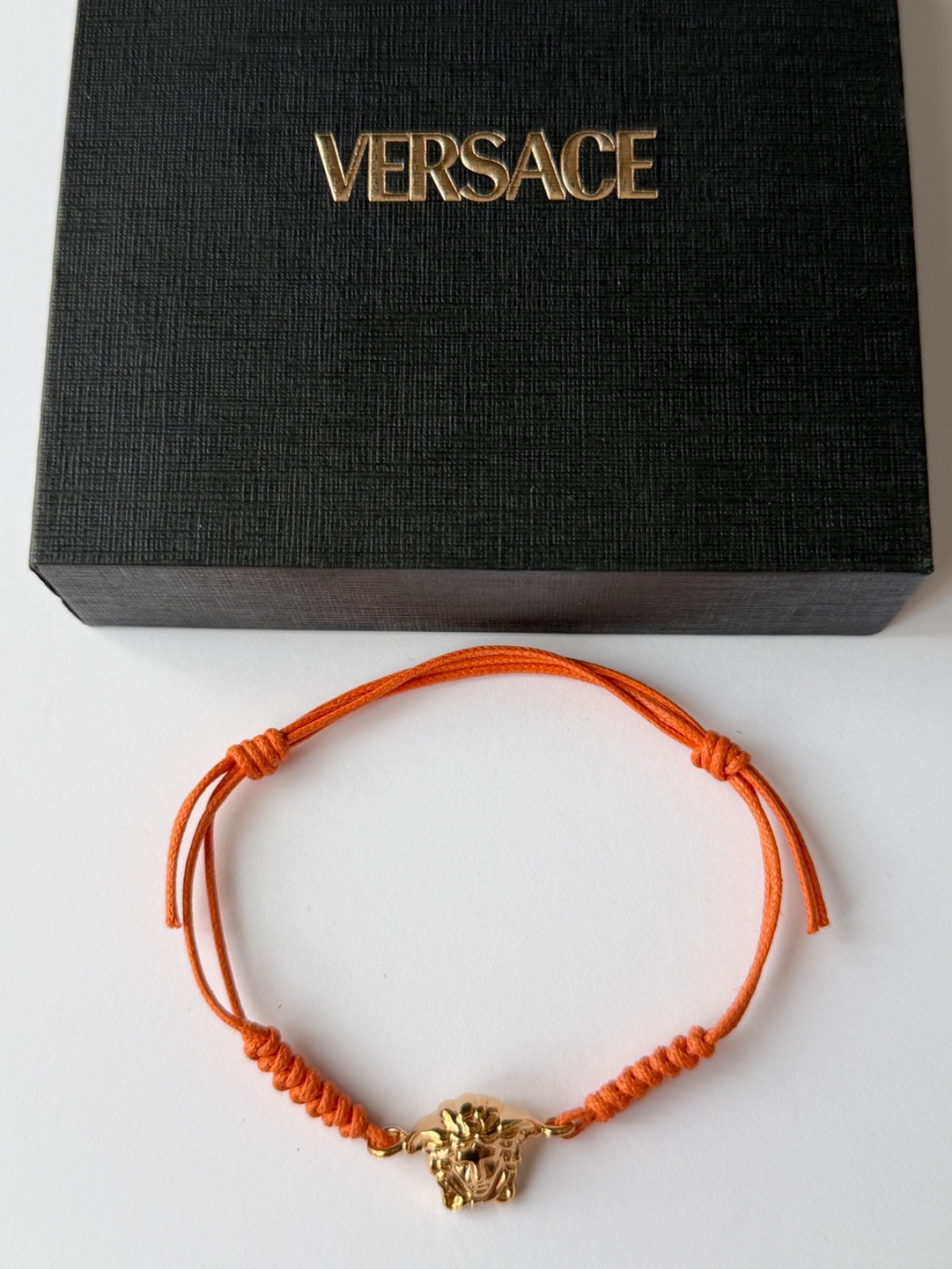 NWT Versace Medusa Head 3D Logo Charm Gold Orange Drawstring Cord Bracelet $495
