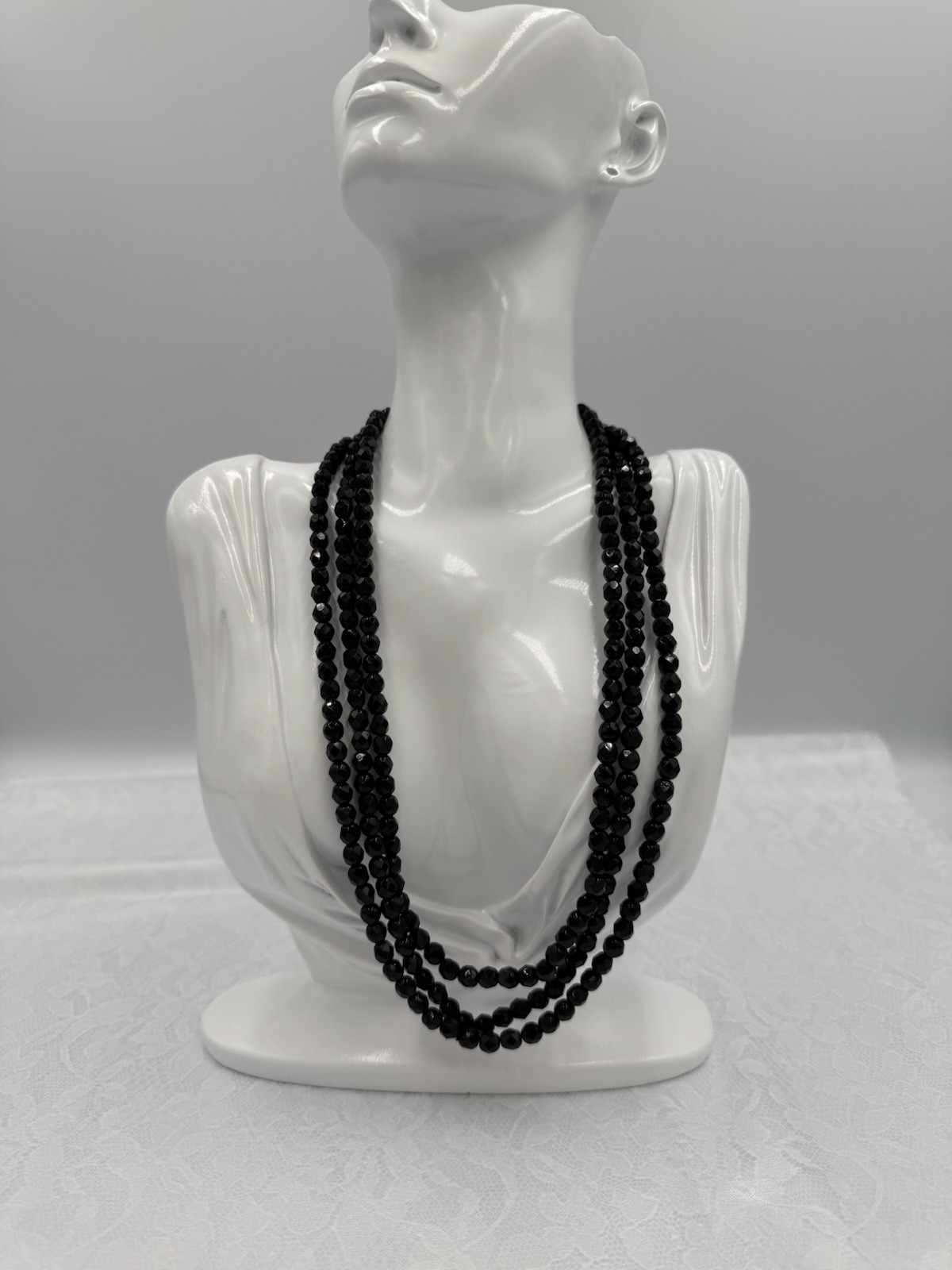 Vintage Western Germany Black Glass Triple Strand Necklace Long 19”