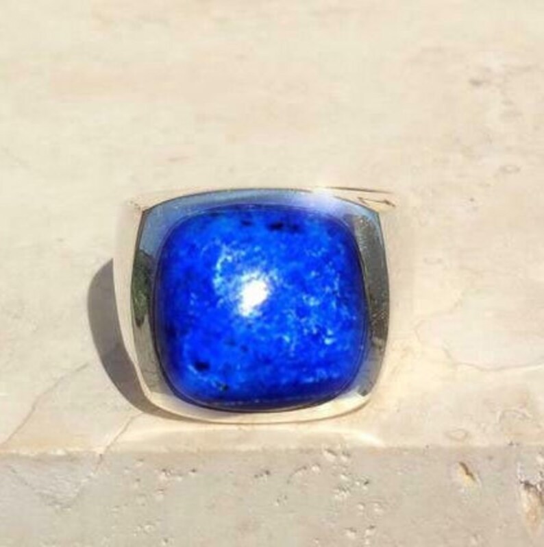 Solid 925 Sterling Silver Natural Lapis Lazuli Cushion Gemstone Gift Men’s Ring