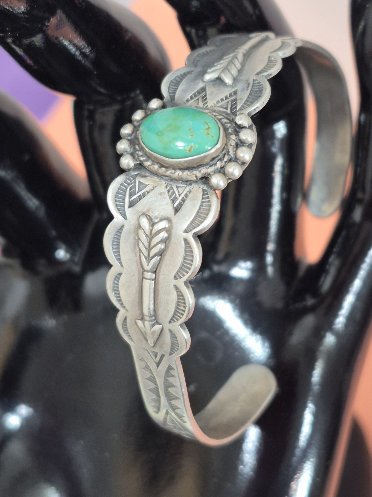 Vintage Fred Harvey Era Sterling Silver Turquoise Cuff Bracelet Arrow Stamp