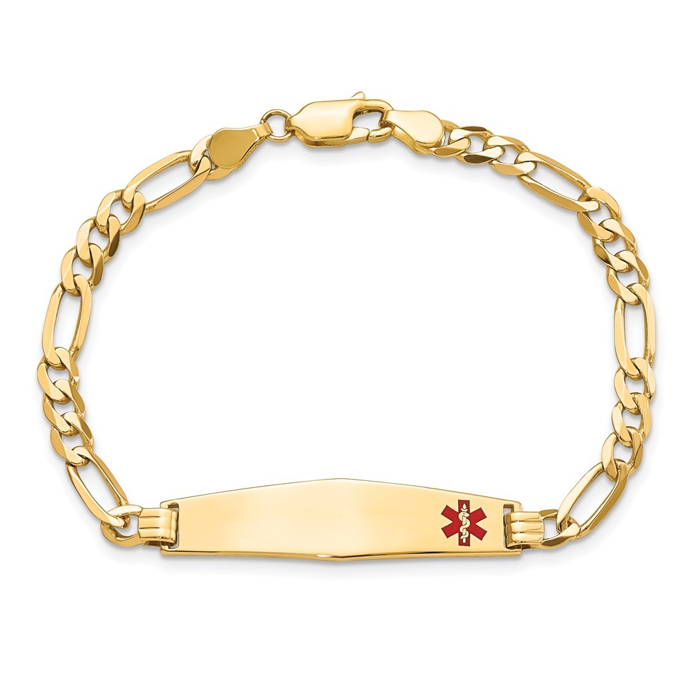 14K Yellow Gold Solid Chain 33x8mm Red Enamel Flat Figaro Link Bracelet 8″