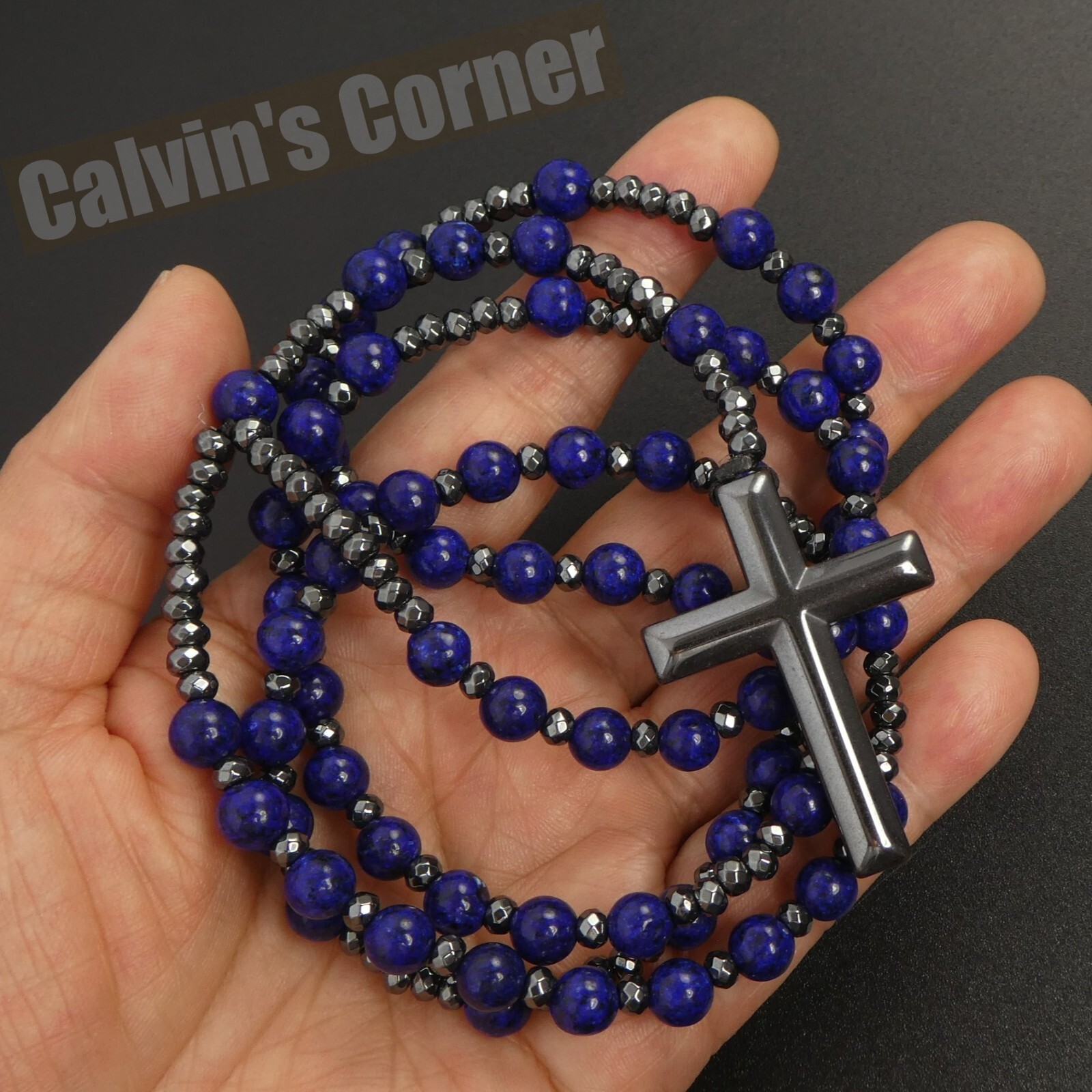 Lapis Lazuli Black Hematite Rosary Necklace Catholic Christ Cross Men Women Gift