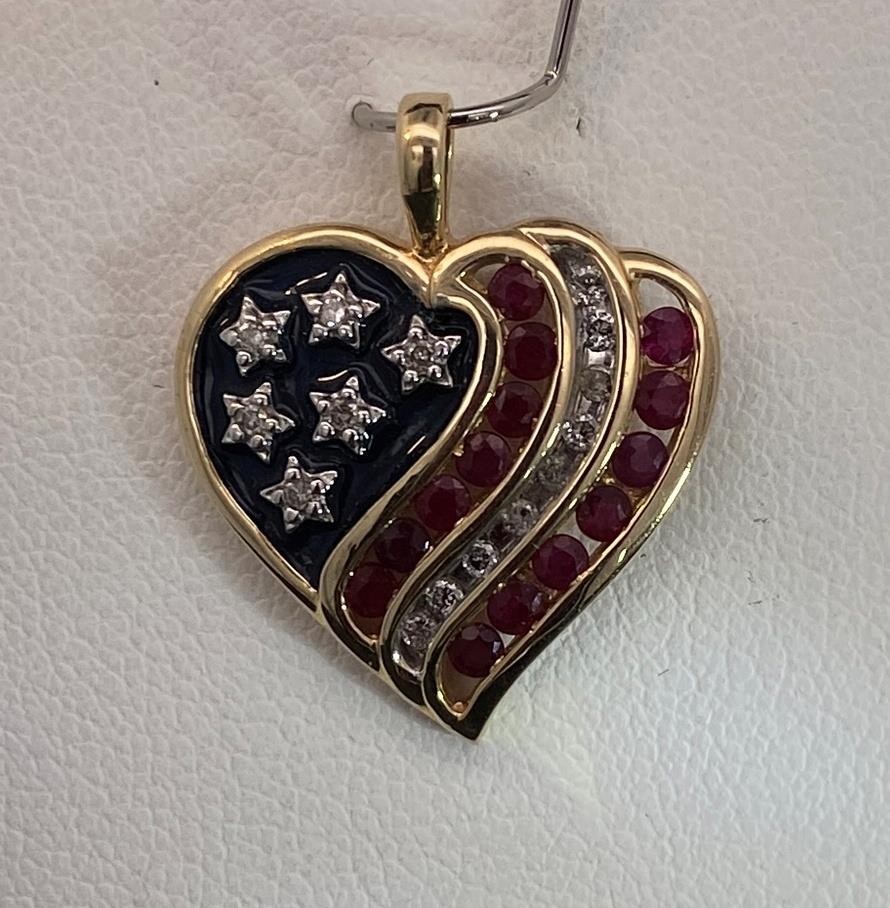 14k Yellow Gold Heart Flag Diamond Accent Charm Pendant C173