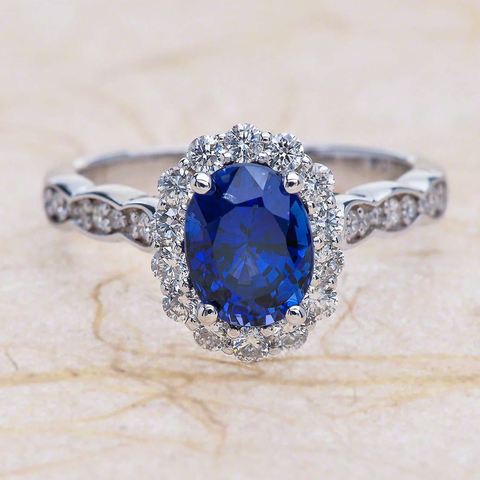 4.00 Ct Oval Natural Sapphire & Diamond Wedding Ring 14K White Gold Size 7
