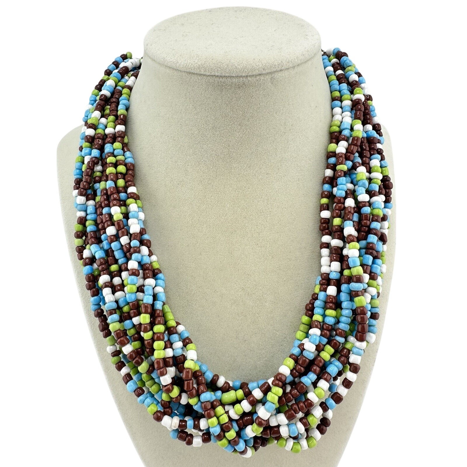 Boho Handmade Chunky Multistrand Blue Brown Green White Glass Bead 19” Necklace