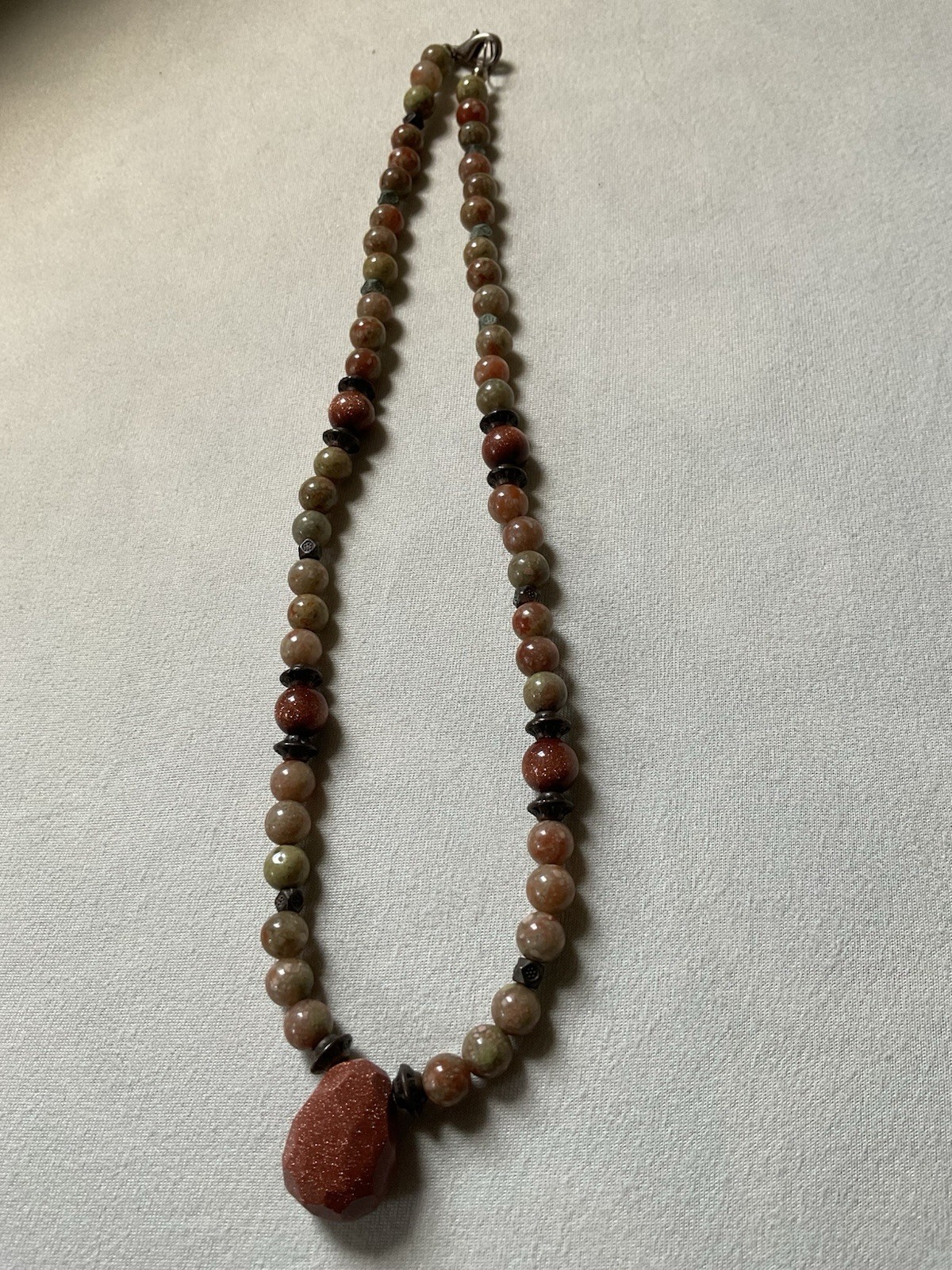 Gold SandStone Pendant On A 16” Choker Necklace Genuine Stones Metal Beads