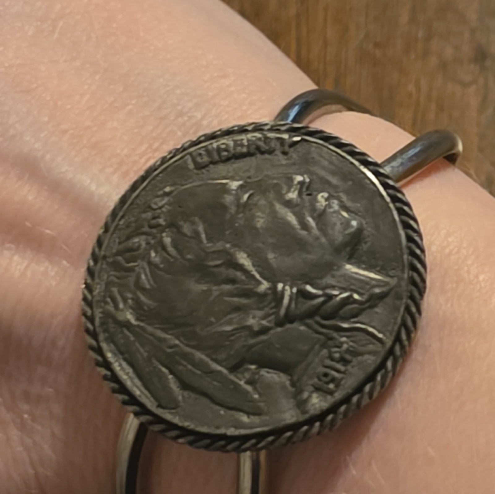 EJC Signed Silver Tone Buffalo Nickel Style Coin Design Metal Cuff Bracelet