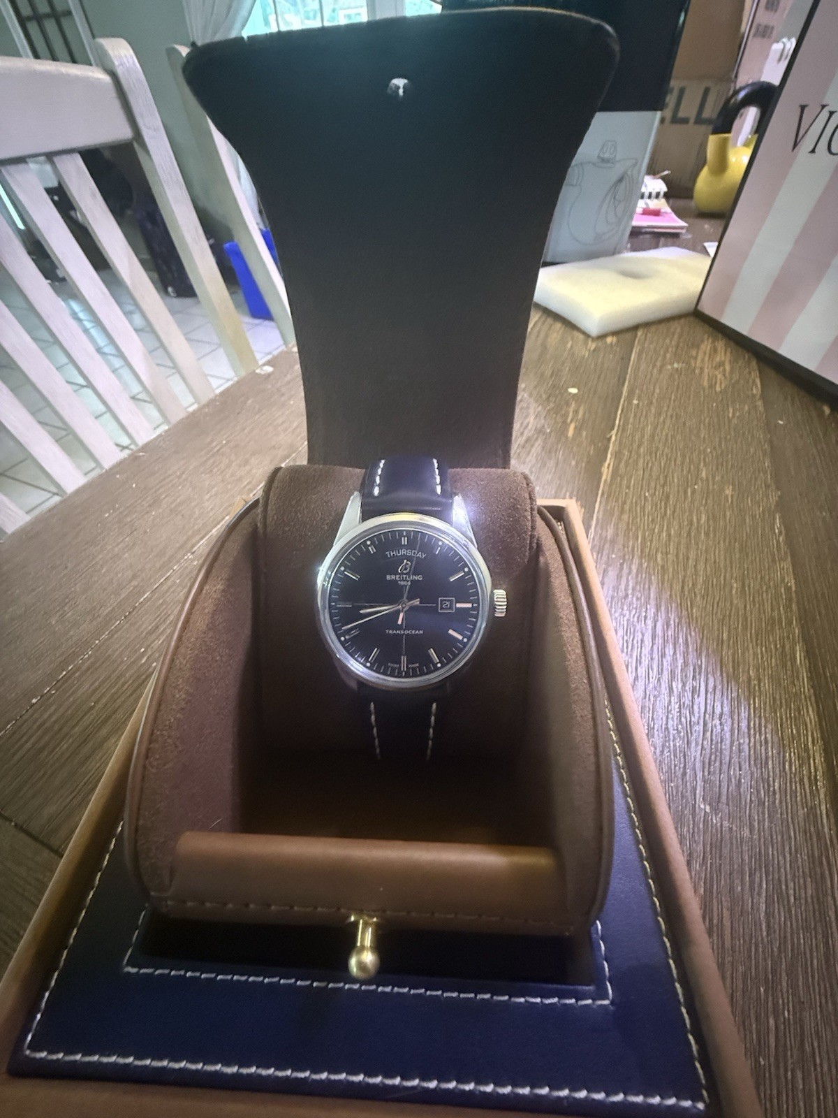 Breitling Transocean Day-Date A45310 Black Dial — Runs Perfectly — Dial is Loose