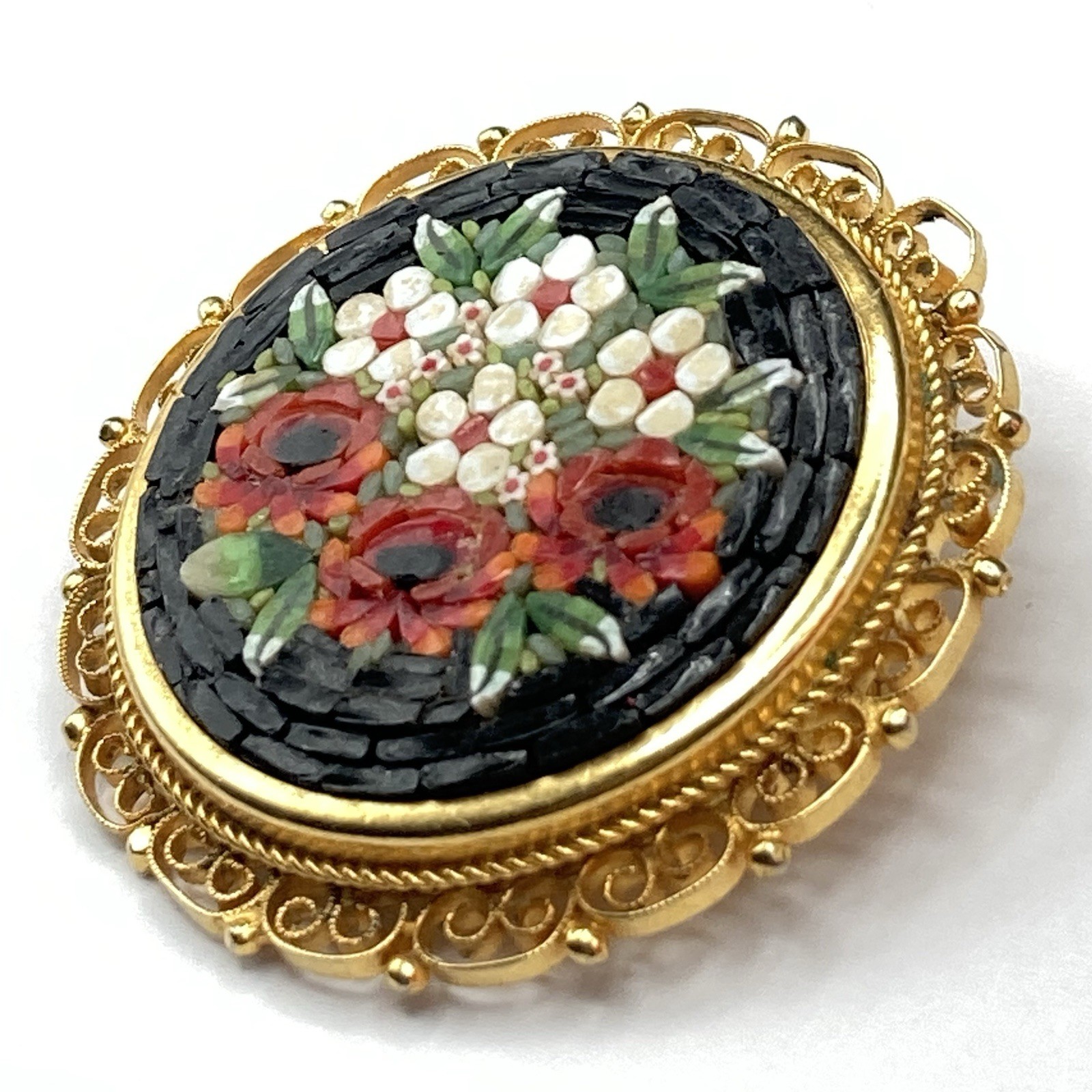 Vintage Gold Tone Italy Black Mosaic Red White Flower Floral Brooch Pin