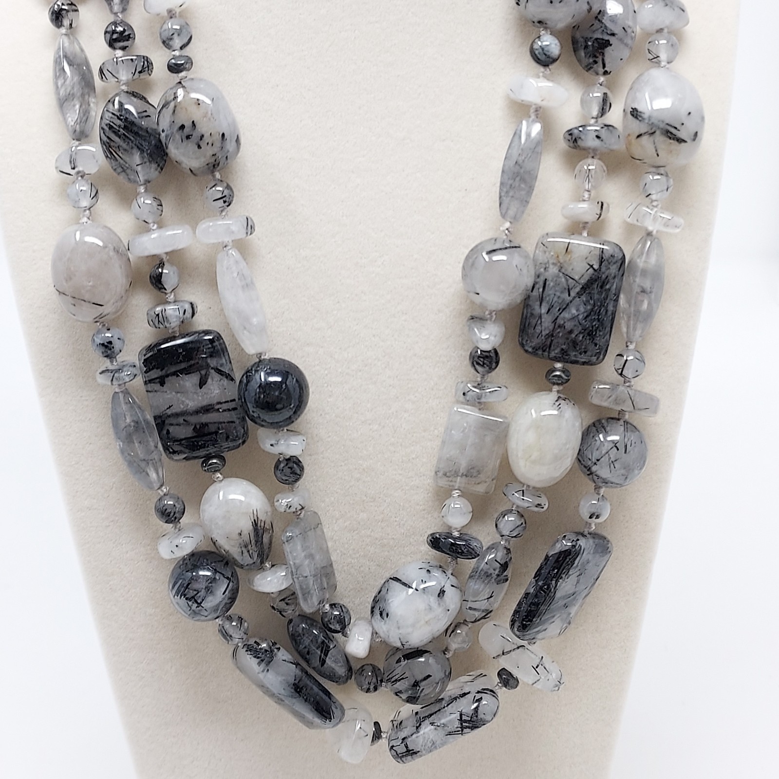 Tourmalinated Quartz Gemstone Three Strand Necklace Hand Knotted 22″ to 24″