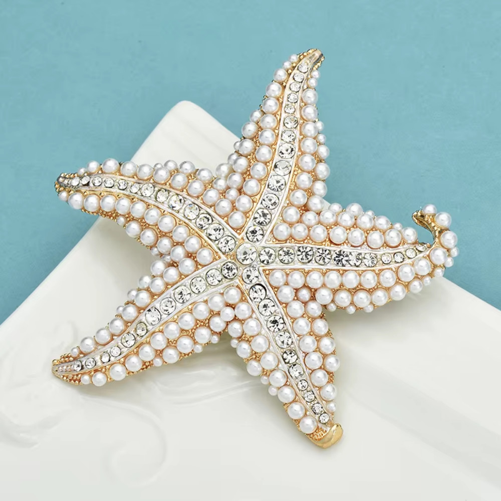Crystal Rhinestone Starfish Brooch Pin Gold Ocean Nautical Summer Jewelry Gift