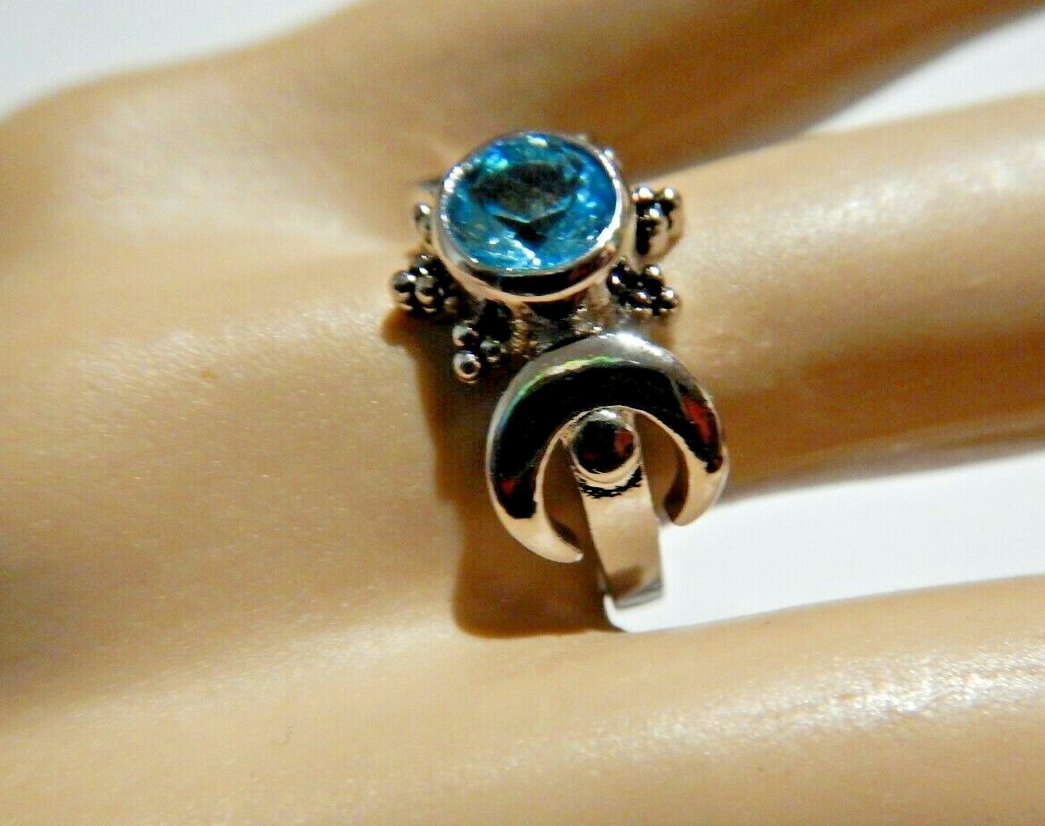 MOON PHASE RING silvertone blue crystal stone full & crescent Wiccan Pagan V3