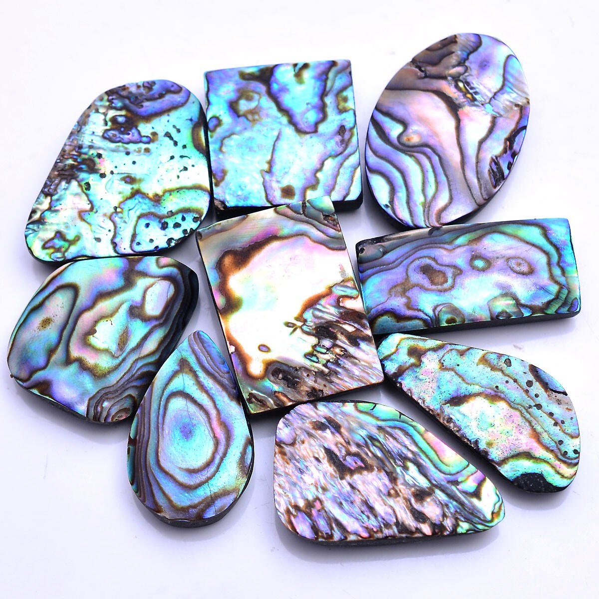 9 Pcs Natural Abalone Shells Rainbow Fire 15.79mm-23.80mm Cabochon Gemstones Lot
