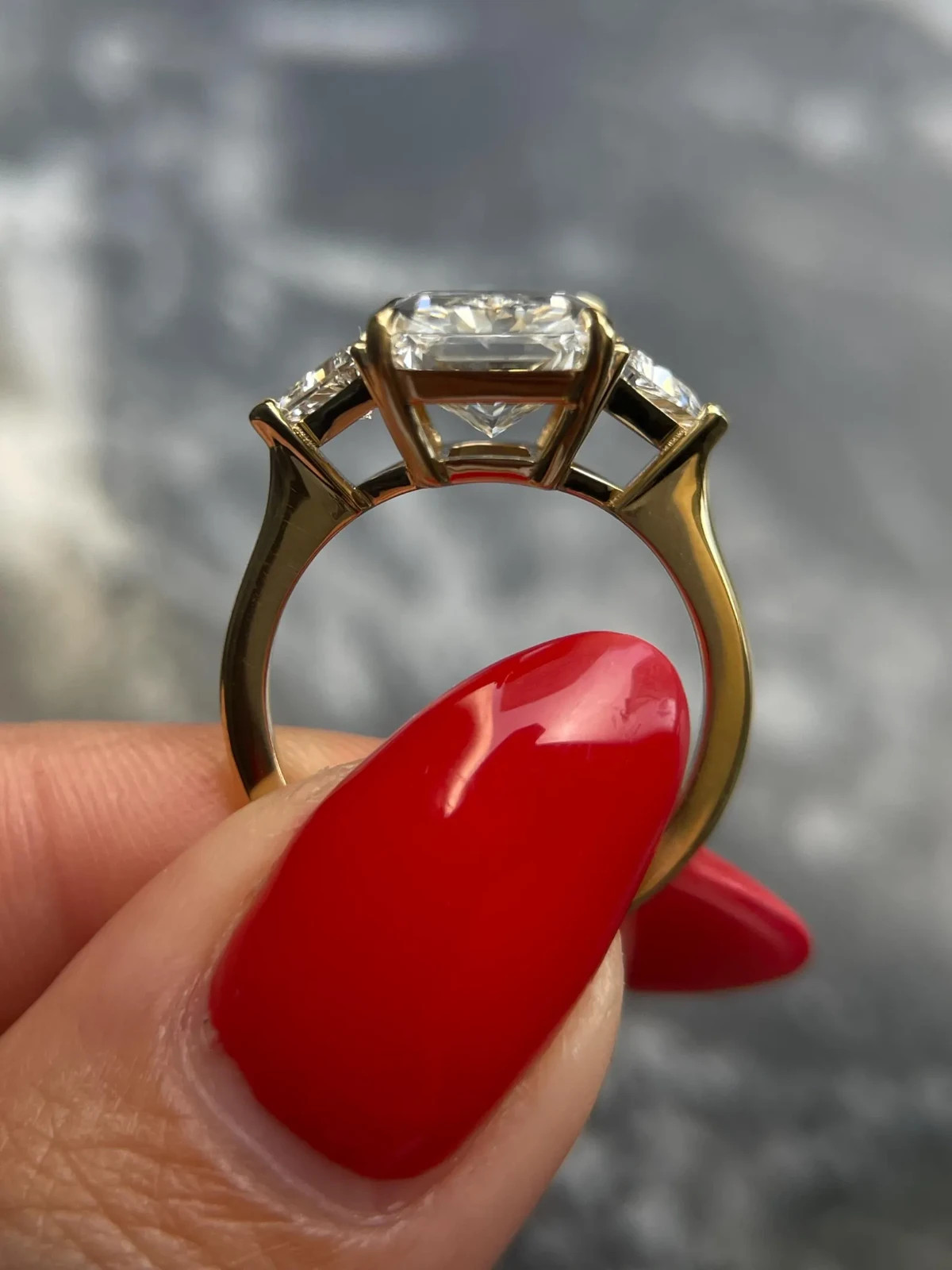 4Ct Radiant-Cut Lab Grown Diamond Three Stone Engagement Ring in 14k Yellow Gold