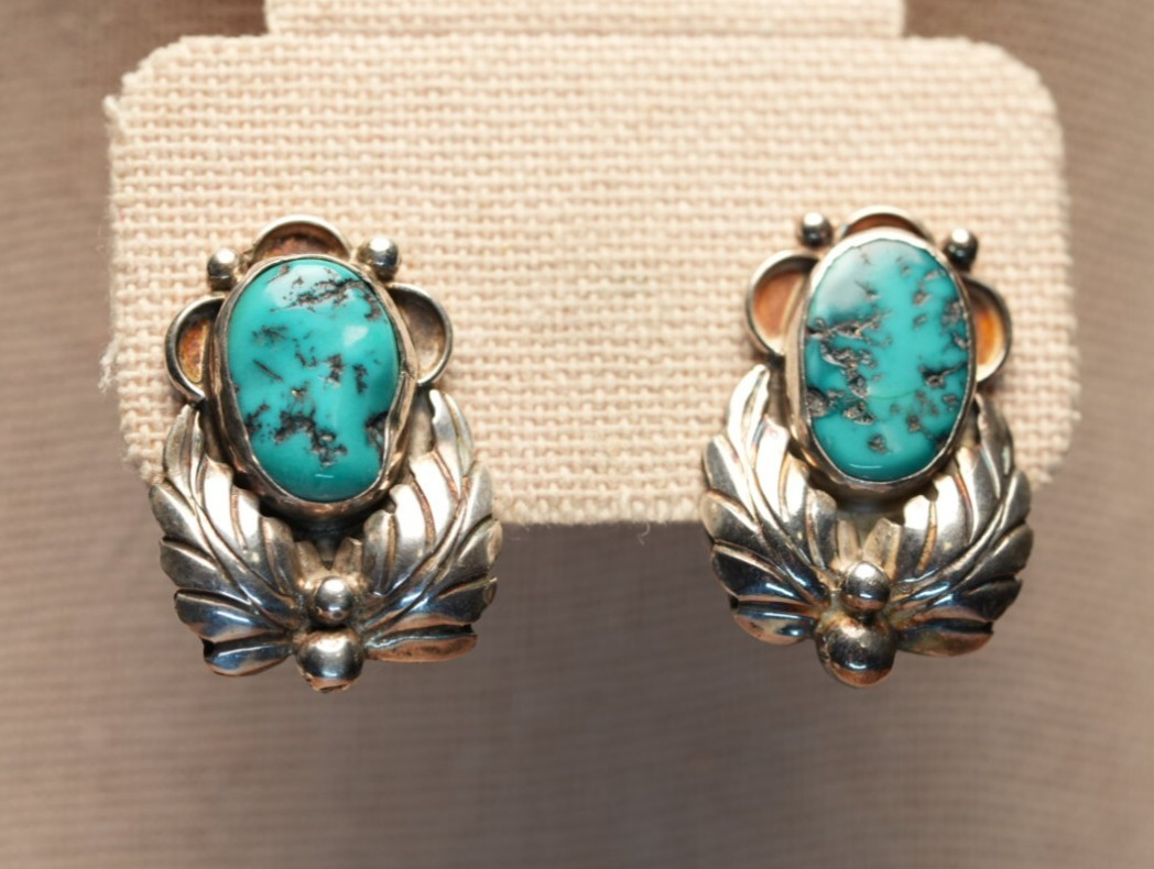 Turquoise Sterling Earrings Navajo Signed “JB” Feather Studs Vintage 7.69g