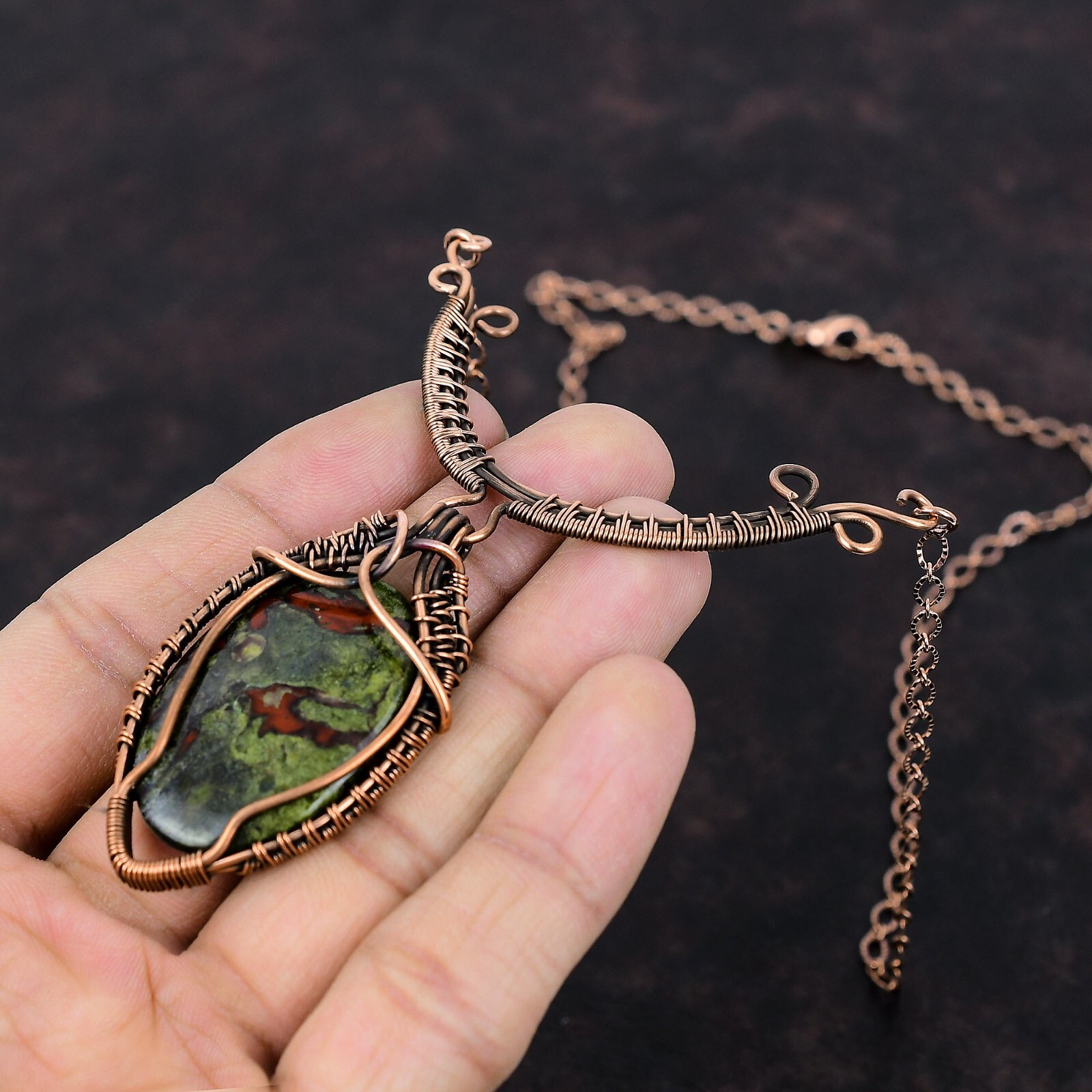 Gift For Her Dragon Bloodstone Wire Wrapped Necklace Adjustable Copper 18.0″