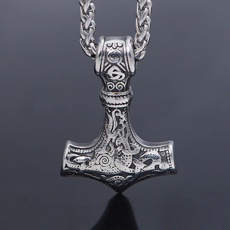 Men Viking Stainless Steel Wolf Thor Hammer Pendant Necklace Norse Mjolnir Odin