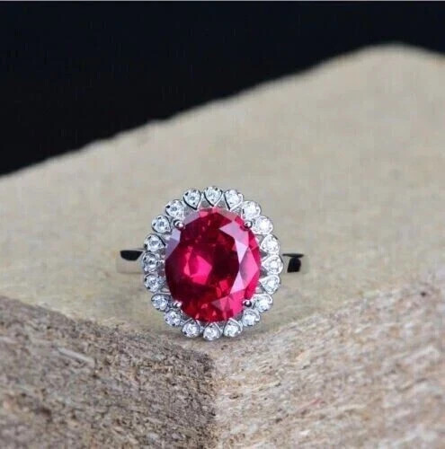 5.00Ct Oval Cut Cut Natural Red Ruby & Diamond 14K White Gold Engagement Ring