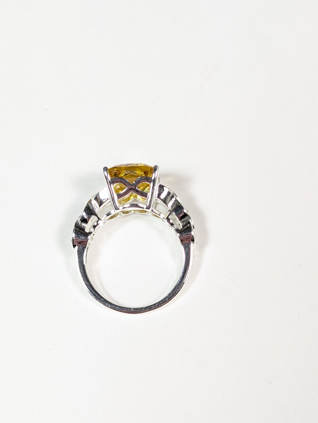 Faux Citrine Colored Gemstone Ring Silver Tone Rhinestone Size 8 Emerald Cut