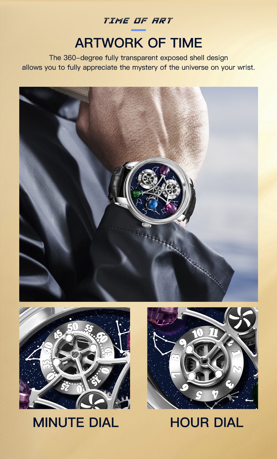 ‌PINDU Men’s Automatic Mechanical Watch Waterproof Leather Strap Unique Starry