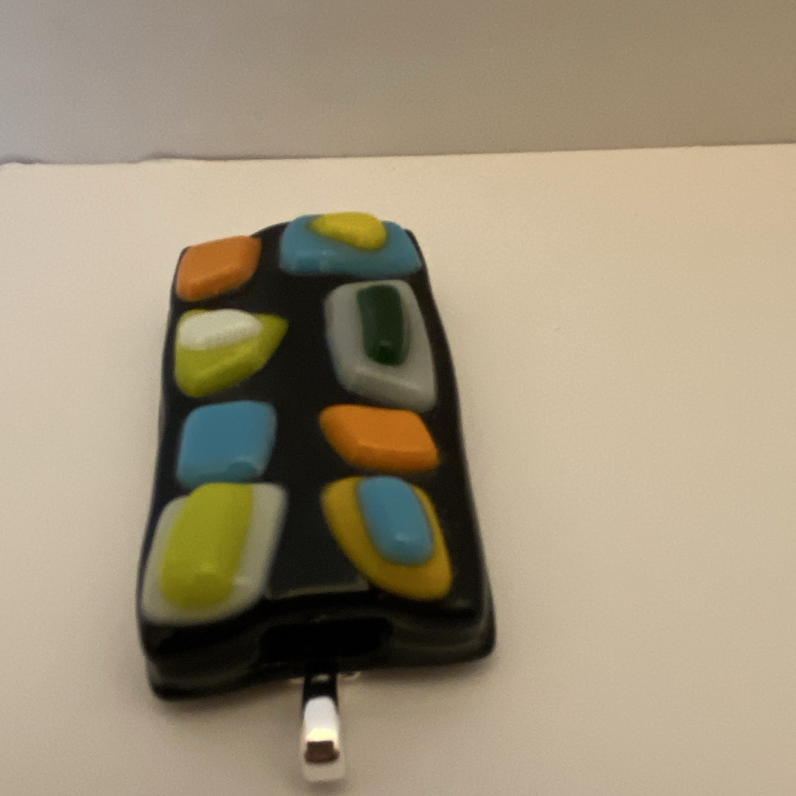 Fused Glass Silver Tone Bail Rectangle Glass Charm Pendant Multicolor Handmade