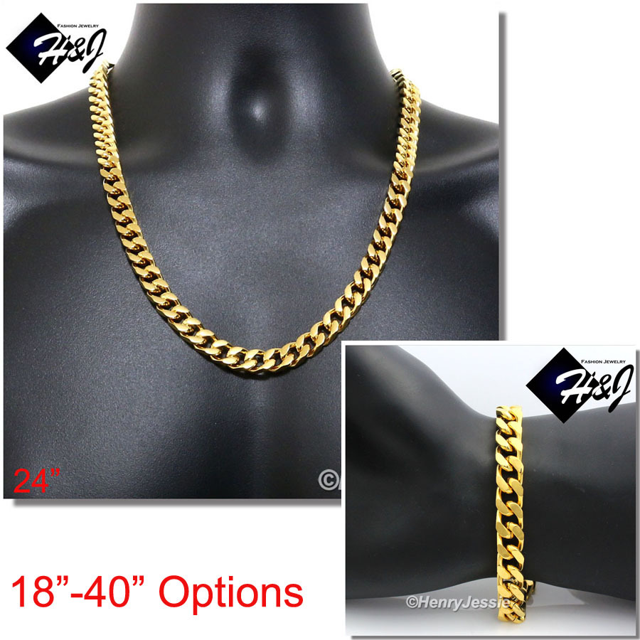 18″-40″MEN Stainless Steel 9mm Gold Plated Cuban Chain Necklace Bracelet SET
