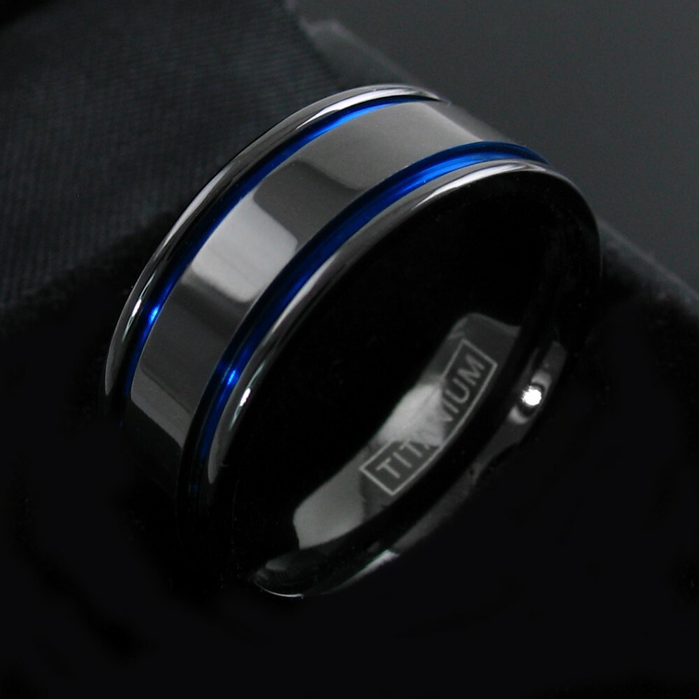 Gunmetal Titanium Men’s Double Blue Stripe Wedding Band Ring Size 5-15