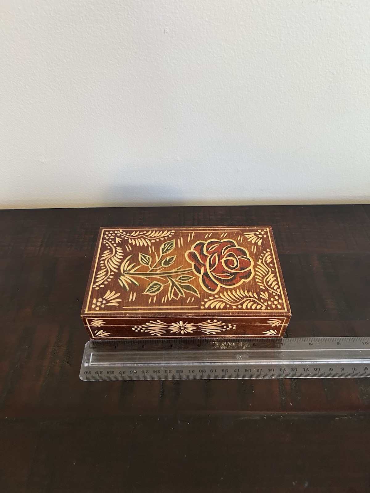 Vintage Hand Carved Wooden Jewelry Box Likely From Mid 20th Century