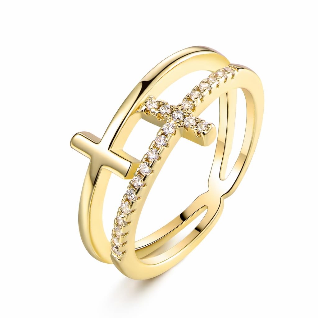 18k Gold Plated Cubic Zirconia Double Cross Ring (Gold, 10)